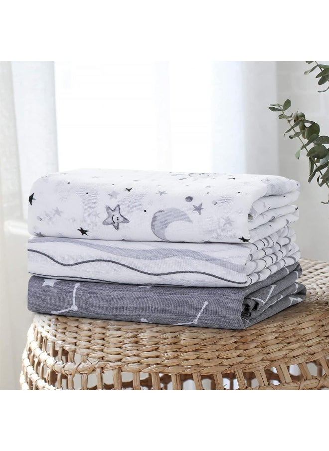 Little Grape Land Muslin Swaddle Blankets, 100% Cotton Large Size Baby Receiving Blankets, Soft Breathable Baby Blankets for Newborns, Grey, 47''x47'', 3 Pack, Stars/Grey