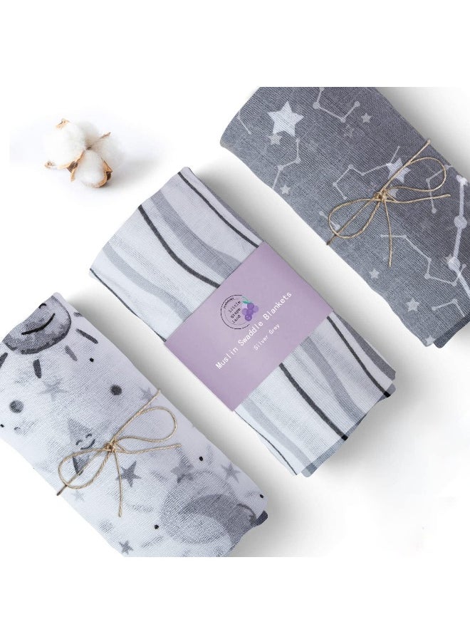 Little Grape Land Muslin Swaddle Blankets, 100% Cotton Large Size Baby Receiving Blankets, Soft Breathable Baby Blankets for Newborns, Grey, 47''x47'', 3 Pack, Stars/Grey