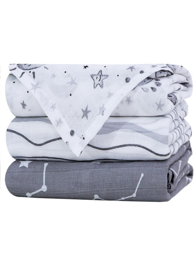 Little Grape Land Muslin Swaddle Blankets, 100% Cotton Large Size Baby Receiving Blankets, Soft Breathable Baby Blankets for Newborns, Grey, 47''x47'', 3 Pack, Stars/Grey