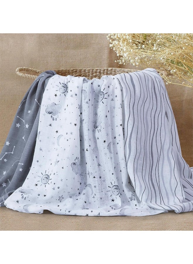 Little Grape Land Muslin Swaddle Blankets, 100% Cotton Large Size Baby Receiving Blankets, Soft Breathable Baby Blankets for Newborns, Grey, 47''x47'', 3 Pack, Stars/Grey