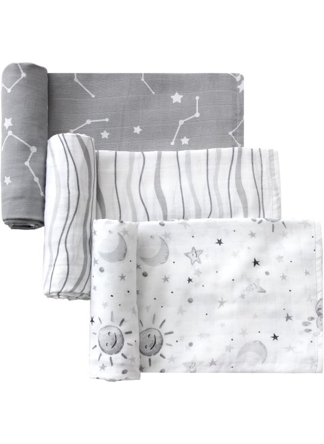 Little Grape Land Muslin Swaddle Blankets, 100% Cotton Large Size Baby Receiving Blankets, Soft Breathable Baby Blankets for Newborns, Grey, 47''x47'', 3 Pack, Stars/Grey