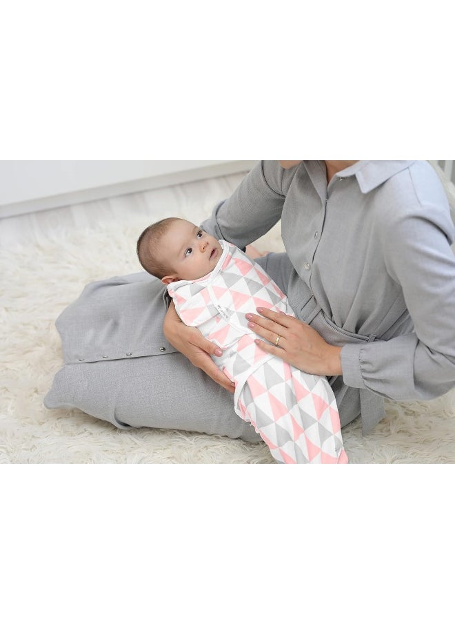 BaeBae Goods Swaddle Blankets, Set of 4, 100% Cotton, Lightweight, Breathable, Adjustable for Boys and Girls, 0-3 Months (Pink/Grey Triangles)