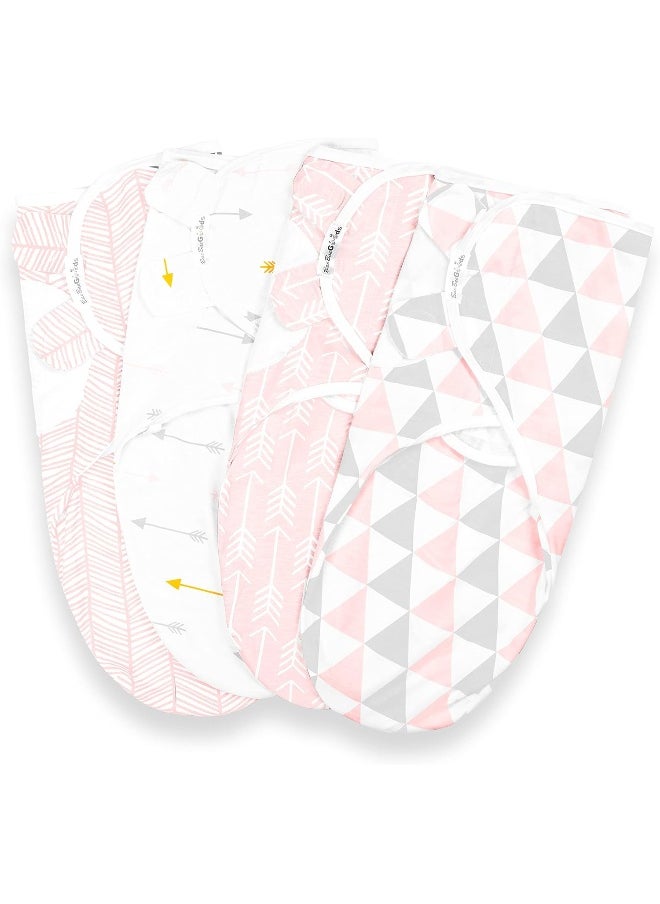 BaeBae Goods Swaddle Blankets, Set of 4, 100% Cotton, Lightweight, Breathable, Adjustable for Boys and Girls, 0-3 Months (Pink/Grey Triangles)