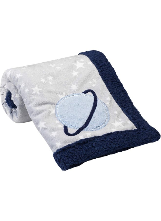 Lambs & Ivy Milky Way Gray/Blue Stars and Planet Minky/Sherpa Soft Baby Blanket