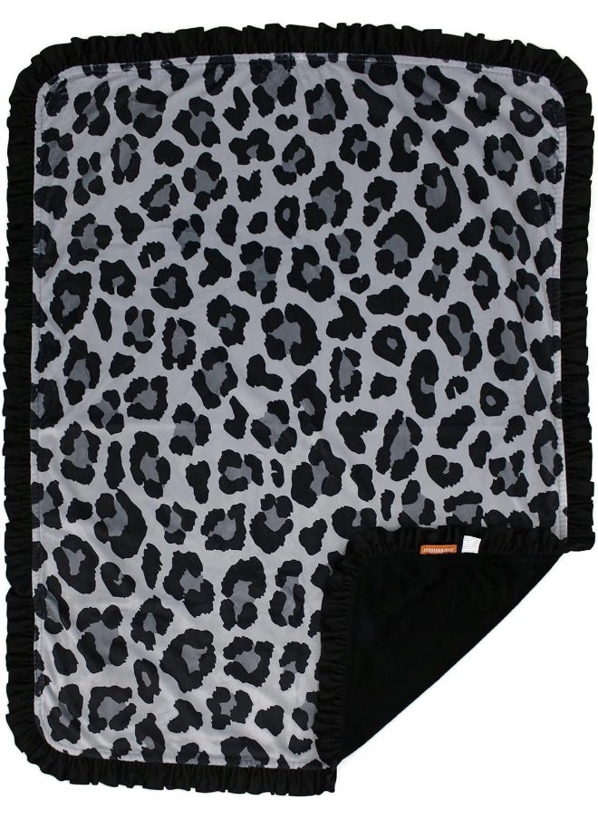 Dear Baby Gear Deluxe Baby Blanket, Double Layer Minky, Gray Leopard Print, Black Smooth, Black Ruffle, 43 x 33 Inches, Custom Print Lightweight Double Layer Minky