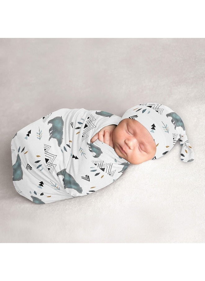 Sweet Jojo Designs Bear Mountain Baby Boy Cocoon and Beanie Hat 2pc Set Jersey Stretch Knit Sleeping Bag for Infant Newborn Nursery Sleep Wrap Sack