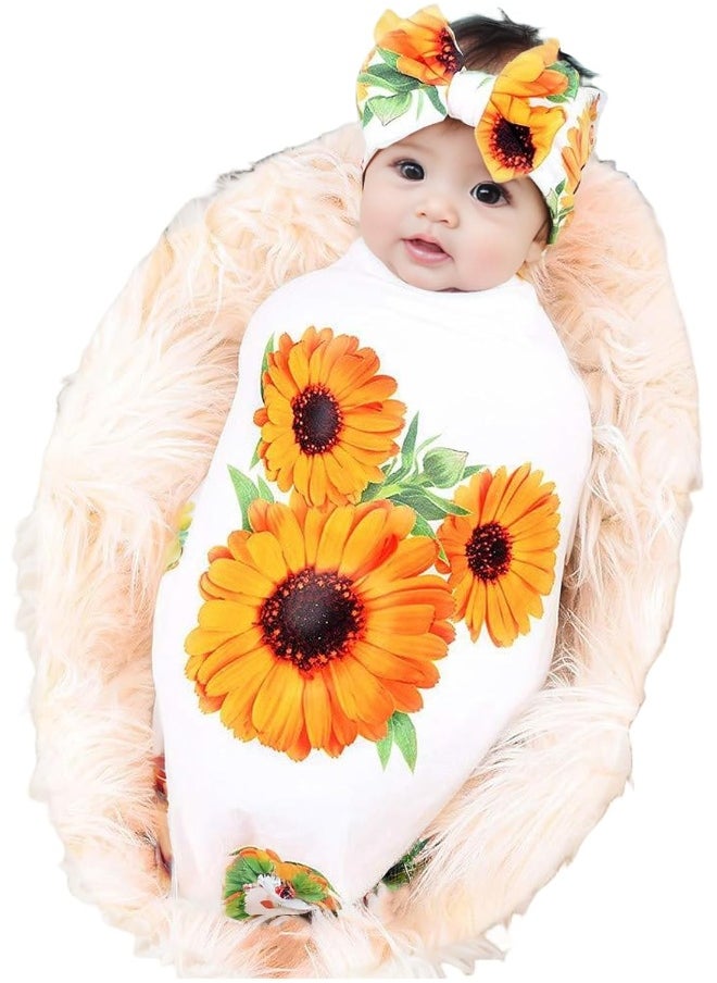 Galabloomer Newborn Receiving Blanket Headband Set Baby Flower Rose Swaddle with Big Bow