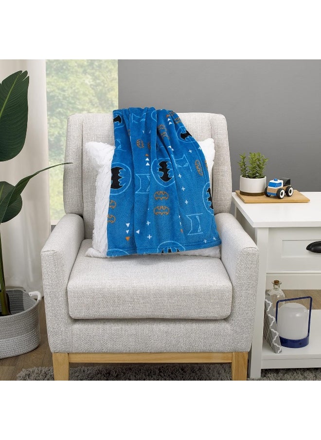 Warner Brothers Batman Blue, Orange, and White with Icons, Emblems, and Triangles Super Soft Baby Blanket