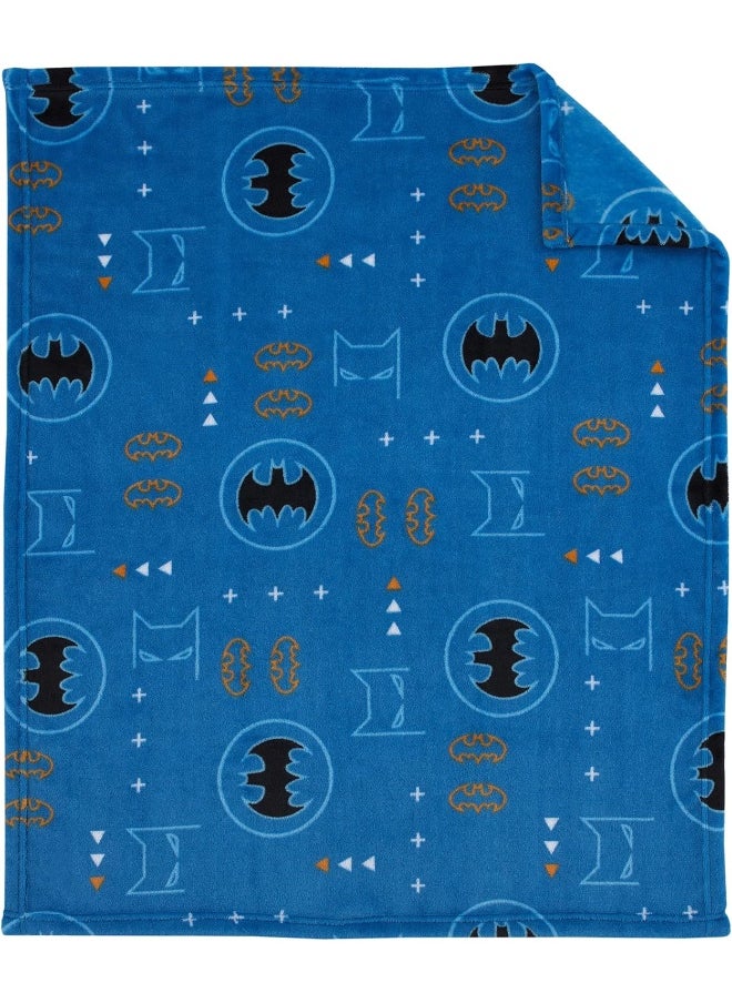 Warner Brothers Batman Blue, Orange, and White with Icons, Emblems, and Triangles Super Soft Baby Blanket