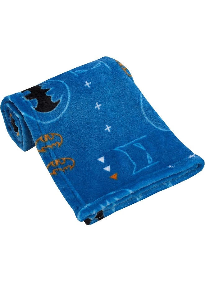 Warner Brothers Batman Blue, Orange, and White with Icons, Emblems, and Triangles Super Soft Baby Blanket