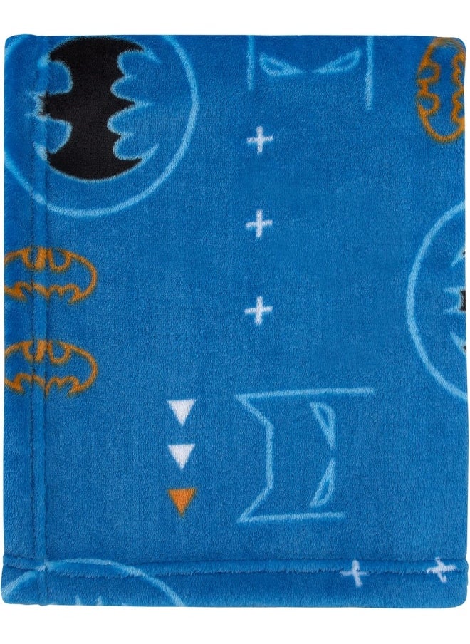 Warner Brothers Batman Blue, Orange, and White with Icons, Emblems, and Triangles Super Soft Baby Blanket