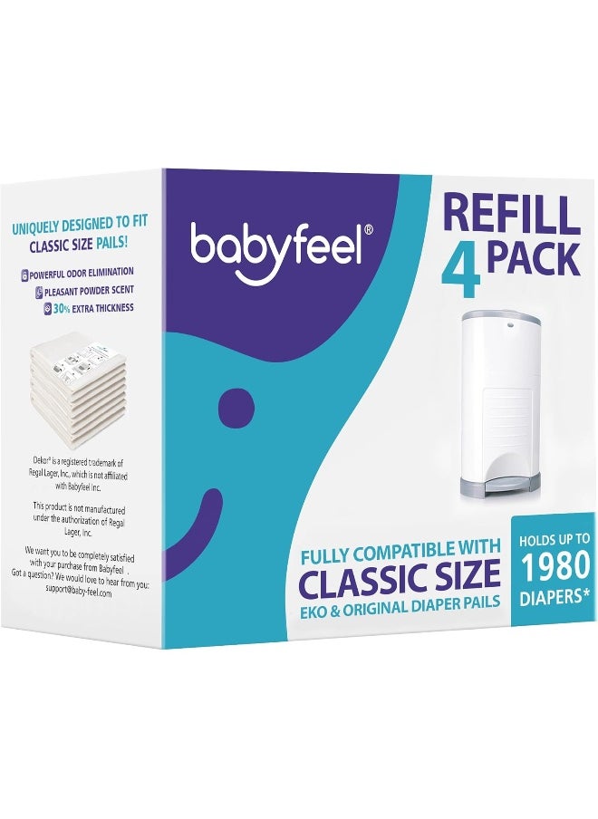 Babyfeel - 4 Count Refill - Fits Dekor Classic Diaper Pails - New Powder Scent - Powerful Odor Elimination - Holds up to 1980 Diapers - The Thickest Dekor Classic Refills - Strong and Durable