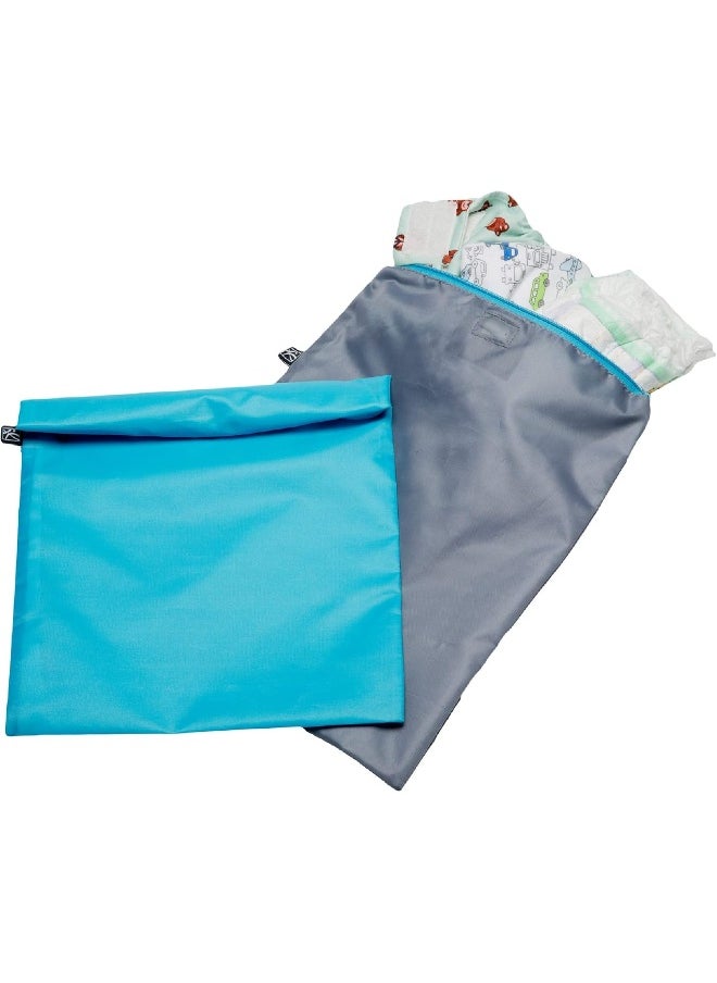 J.L. Childress Wet-to-Go Portable Wet and Dry Bags, Waterproof and Leakproof, Machine-Washable, Reusable for Cloth Diapers, Wet Clothes, Swimsuits, and More. 2 Pack, Teal/Grey