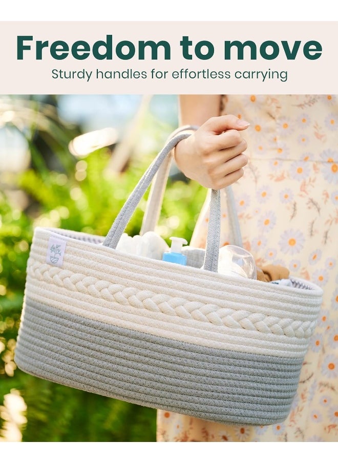 KiddyCare Woven Diaper Caddy Organizer, Large Gray Multi Functional Portable Baby Basket with Handle, Baby Gift for Boy/Girl Nursery Storage, Organization, and Modern Car Diaper Caddy Gray X-Large