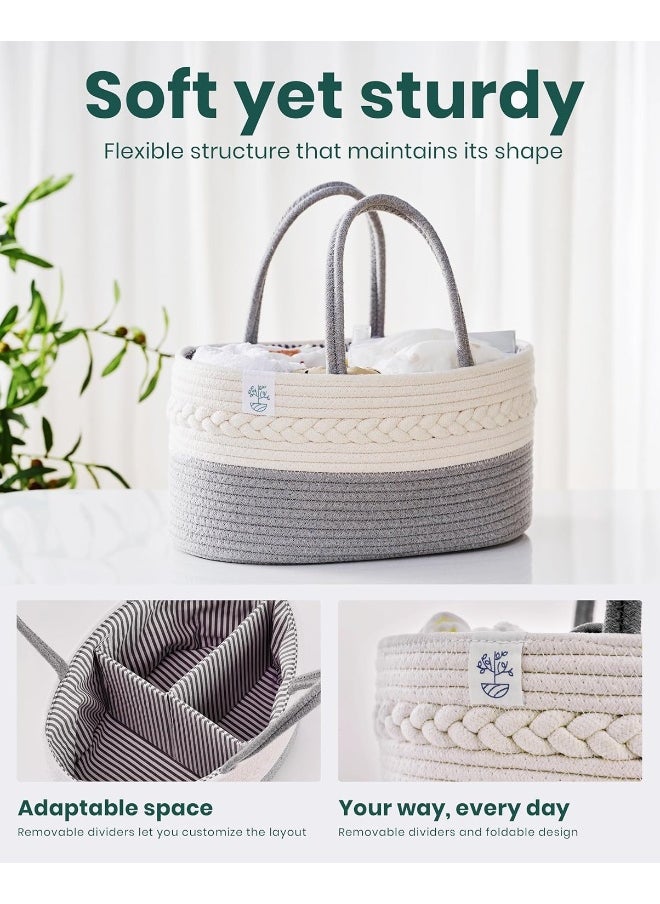 KiddyCare Woven Diaper Caddy Organizer, Large Gray Multi Functional Portable Baby Basket with Handle, Baby Gift for Boy/Girl Nursery Storage, Organization, and Modern Car Diaper Caddy Gray X-Large