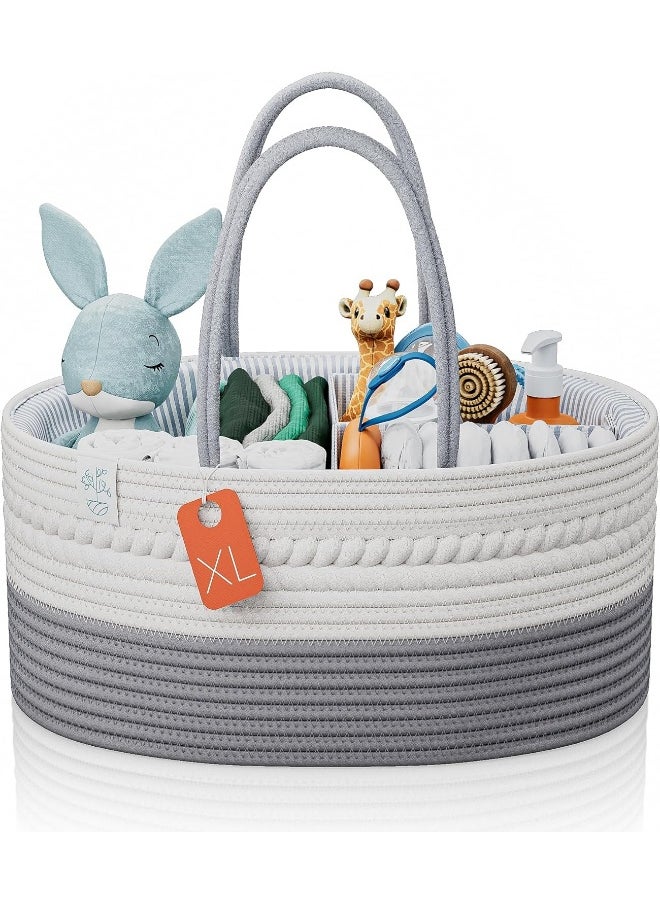 KiddyCare Woven Diaper Caddy Organizer, Large Gray Multi Functional Portable Baby Basket with Handle, Baby Gift for Boy/Girl Nursery Storage, Organization, and Modern Car Diaper Caddy Gray X-Large
