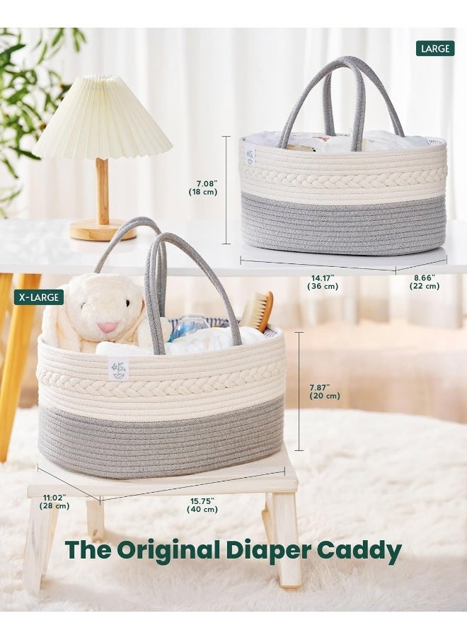 KiddyCare Woven Diaper Caddy Organizer, Large Gray Multi Functional Portable Baby Basket with Handle, Baby Gift for Boy/Girl Nursery Storage, Organization, and Modern Car Diaper Caddy Gray X-Large