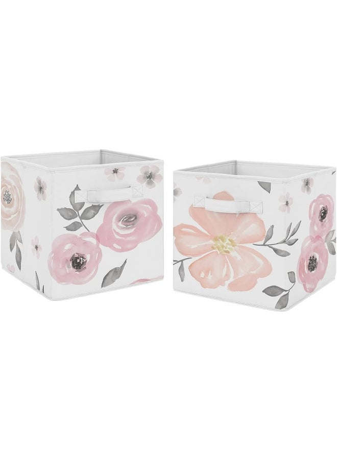 Sweet Jojo Designs Pink and Grey Watercolor Floral Foldable Fabric Storage Cube Bins Boxes Organizer Toys Kids Baby Childrens for Collection - Set of 2