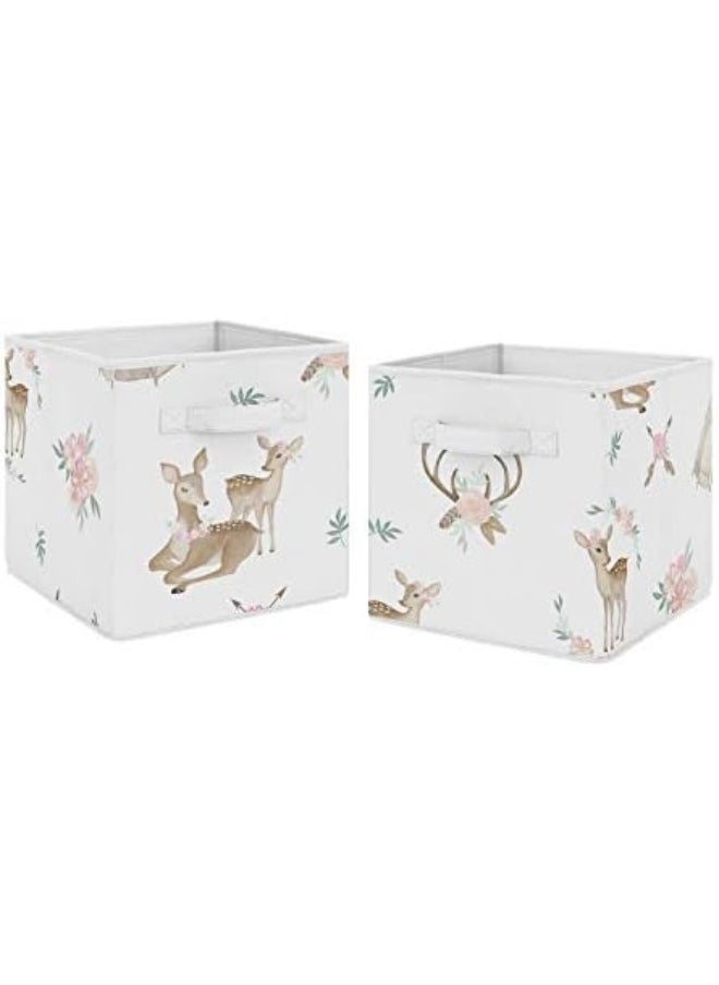 Sweet Jojo Designs Blush Pink, Mint Green and White Boho Organizer Storage Bins for Woodland Deer Floral Collection - Set of 2