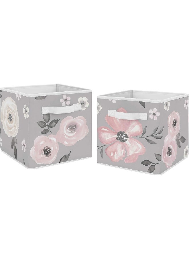 Sweet Jojo Designs Grey Watercolor Floral Foldable Fabric Storage Cube Bins Boxes Organizer Toys Kids Baby Childrens - Set of 2 - Blush Pink Gray and White Shabby Chic Rose Flower Farmhouse
