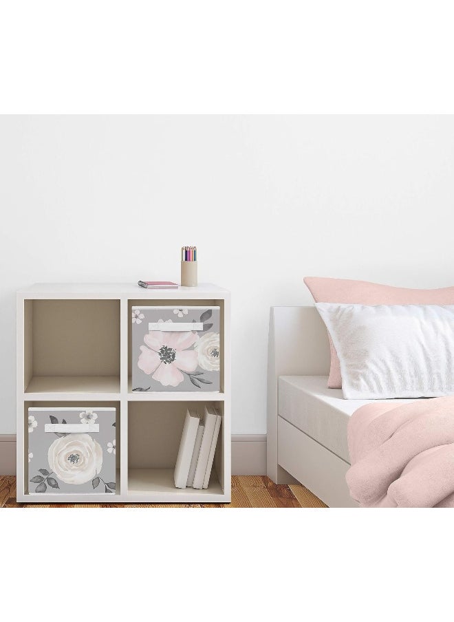 Sweet Jojo Designs Grey Watercolor Floral Foldable Fabric Storage Cube Bins Boxes Organizer Toys Kids Baby Childrens - Set of 2 - Blush Pink Gray and White Shabby Chic Rose Flower Farmhouse