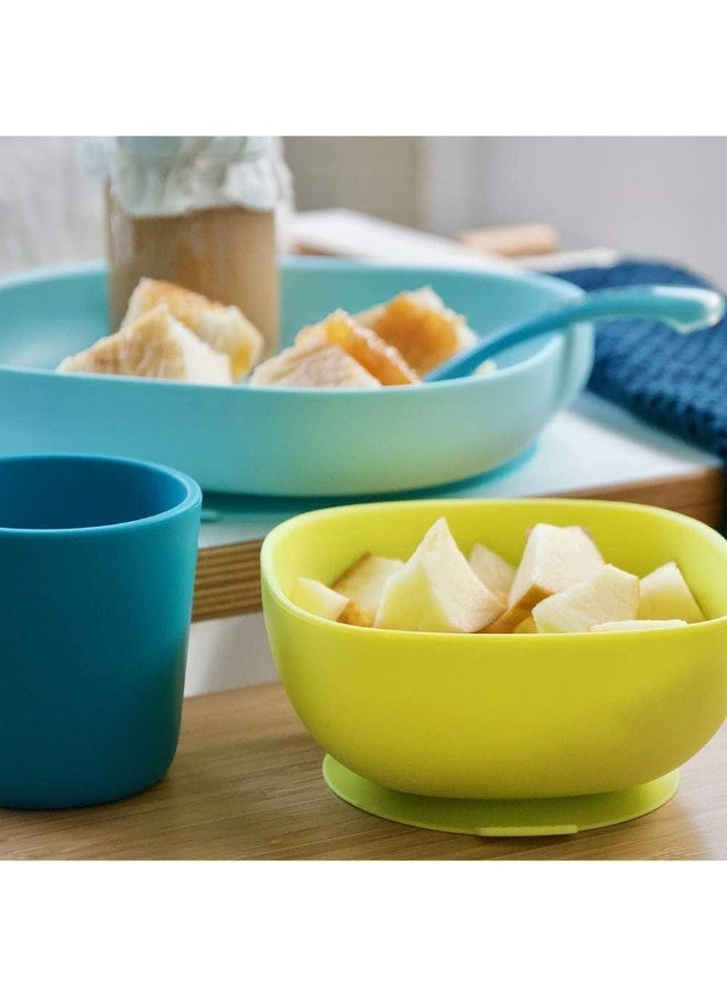 Béaba - Silicone Feeding Meal Set of 4 Pieces: Plate + Bowl Cup Spoon with Strong Suction pad Baby and Children Blue