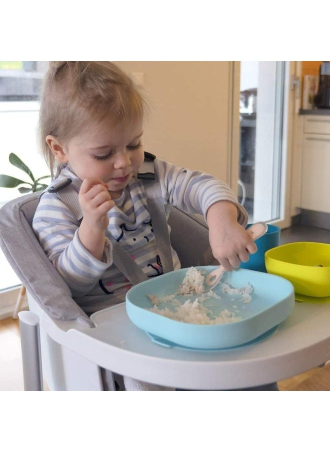 Béaba - Silicone Feeding Meal Set of 4 Pieces: Plate + Bowl Cup Spoon with Strong Suction pad Baby and Children Blue