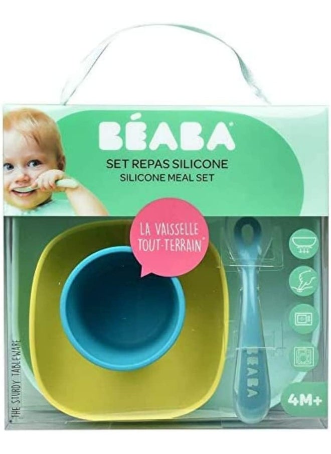Béaba - Silicone Feeding Meal Set of 4 Pieces: Plate + Bowl Cup Spoon with Strong Suction pad Baby and Children Blue