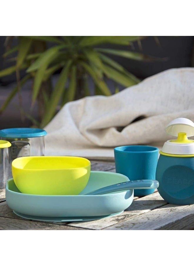 Béaba - Silicone Feeding Meal Set of 4 Pieces: Plate + Bowl Cup Spoon with Strong Suction pad Baby and Children Blue