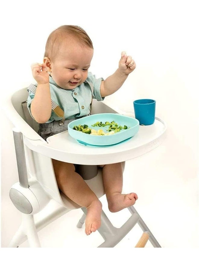 Béaba - Silicone Feeding Meal Set of 4 Pieces: Plate + Bowl Cup Spoon with Strong Suction pad Baby and Children Blue