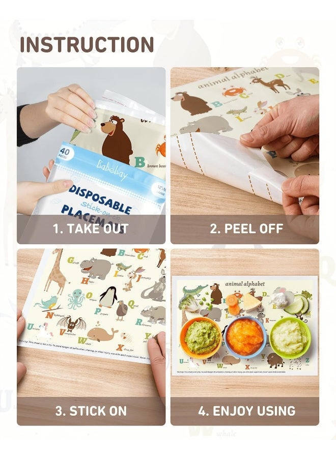 Babebay Disposable Stick-on Placemats 40 Pack for Baby & Kids, Restaurant Table Mats 12