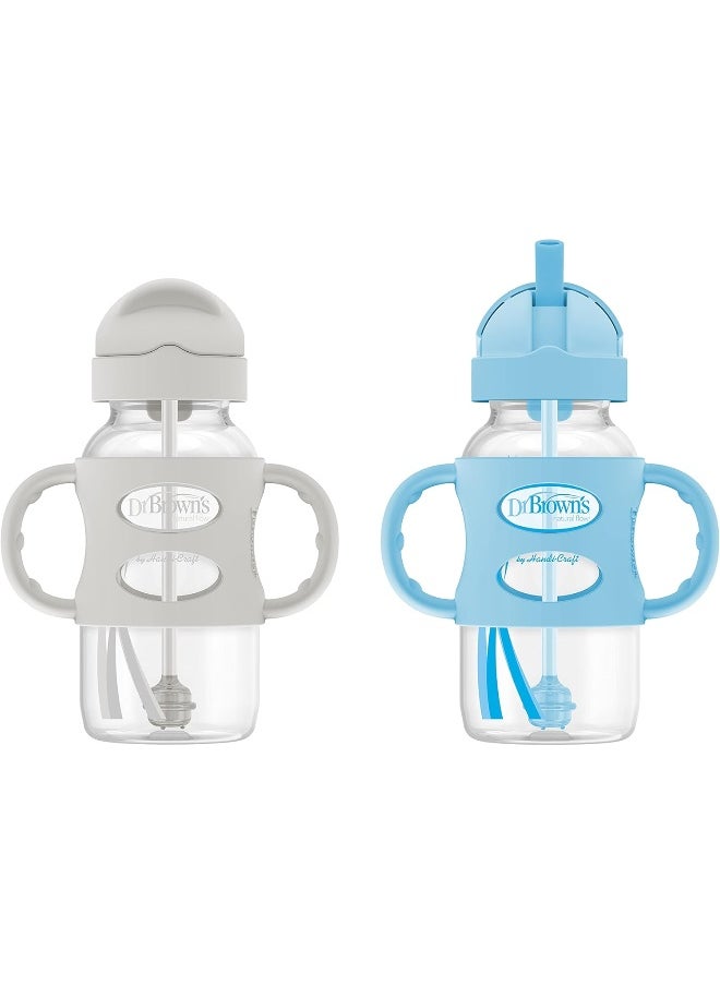 Dr. Brown's Milestones™ Wide-Neck Sippy Straw Bottle with 100% Silicone Handles, 9oz/270mL, Gray & Blue, 2 Pack, 6m+