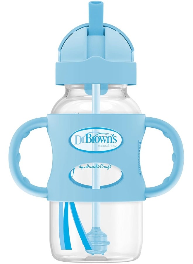 Dr. Brown's Milestones™ Wide-Neck Sippy Straw Bottle with 100% Silicone Handles, 9oz/270mL, Gray & Blue, 2 Pack, 6m+