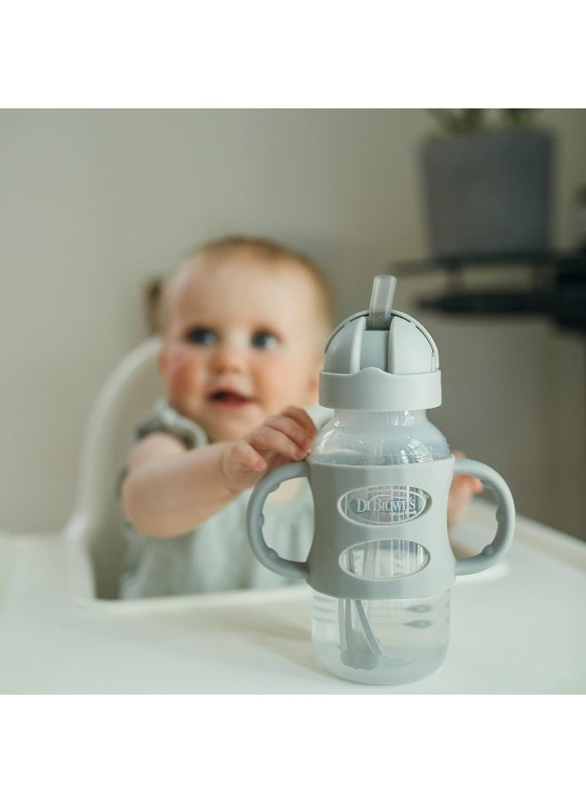 Dr. Brown's Milestones™ Wide-Neck Sippy Straw Bottle with 100% Silicone Handles, 9oz/270mL, Gray & Blue, 2 Pack, 6m+