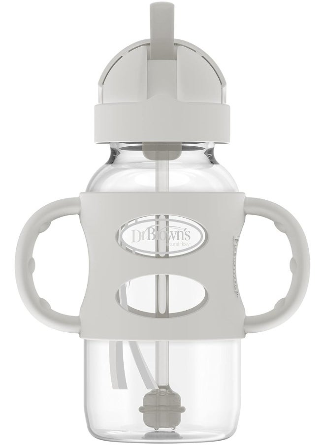 Dr. Brown's Milestones™ Wide-Neck Sippy Straw Bottle with 100% Silicone Handles, 9oz/270mL, Gray & Blue, 2 Pack, 6m+
