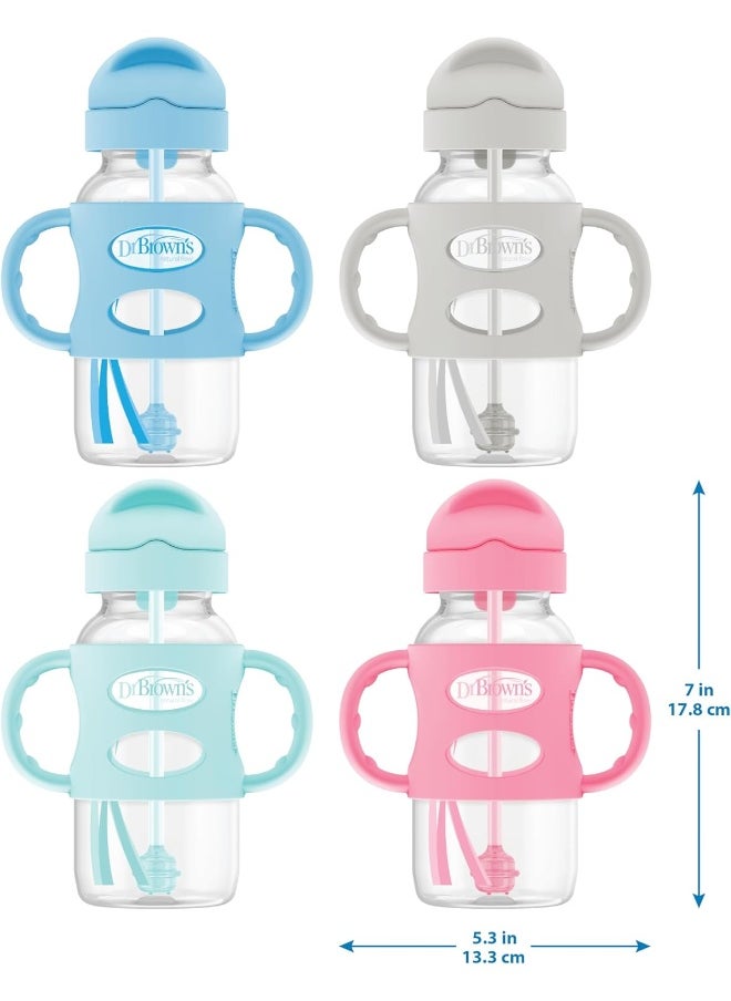 Dr. Brown's Milestones™ Wide-Neck Sippy Straw Bottle with 100% Silicone Handles, 9oz/270mL, Gray & Blue, 2 Pack, 6m+