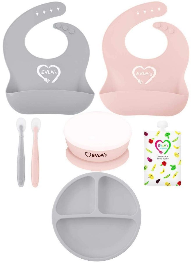EVLA'S Baby Feeding Set, Baby Led Weaning Supplies, Adjustable Silicone Bibs, Divided Plate, Suction Bowl with Lid, Soft Spoons for Babies or Toddlers, Baby Registry must have!