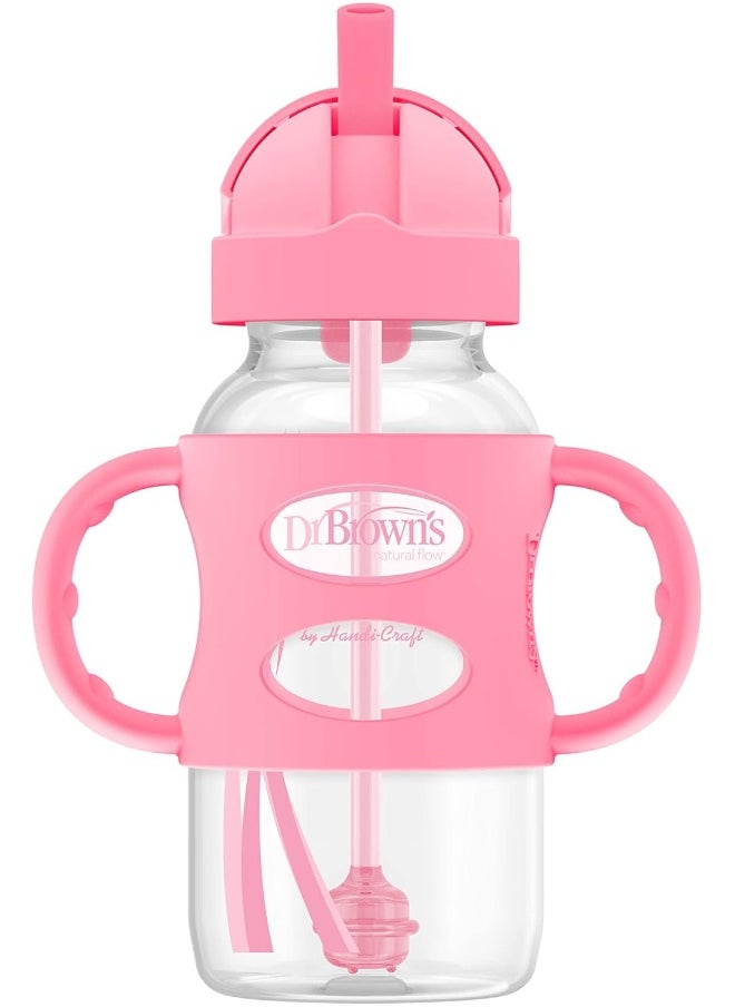 Dr. Brown's Milestones™ Wide-Neck Sippy Straw Bottle with 100% Silicone Handles, 9oz/270mL, Pink, 1 Pack, 6m+