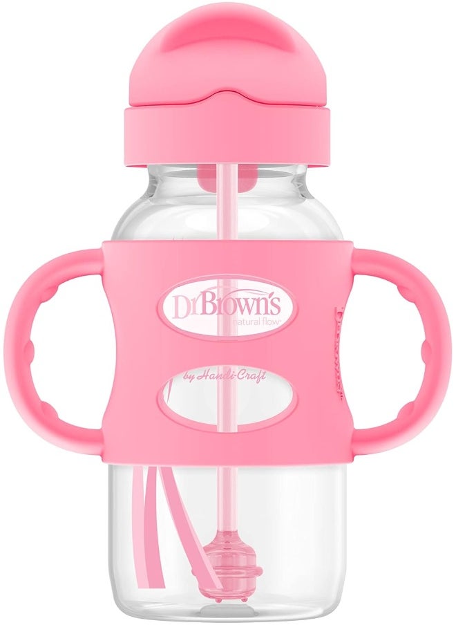 Dr. Brown's Milestones™ Wide-Neck Sippy Straw Bottle with 100% Silicone Handles, 9oz/270mL, Pink, 1 Pack, 6m+