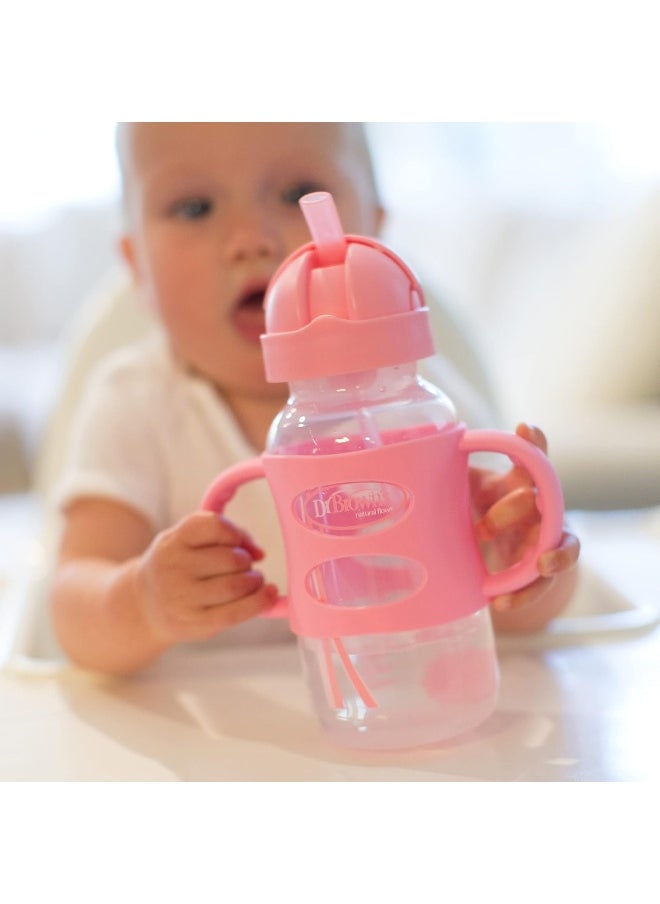 Dr. Brown's Milestones™ Wide-Neck Sippy Straw Bottle with 100% Silicone Handles, 9oz/270mL, Pink, 1 Pack, 6m+