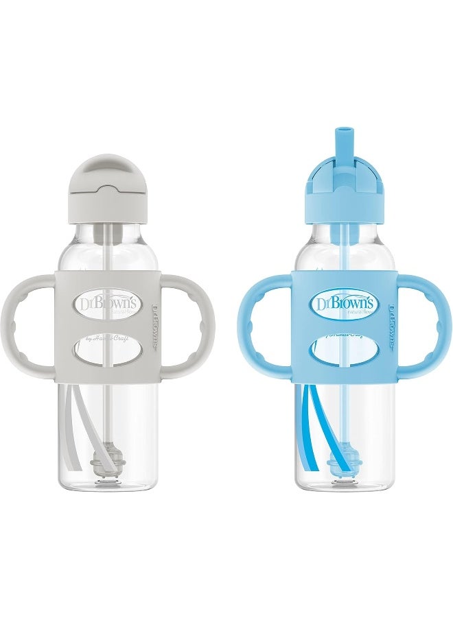 Dr. Brown's Milestones™ Narrow Sippy Straw Bottle with 100% Silicone Handles, 8oz/250mL, Gray & Blue, 2 Pack, 6m+