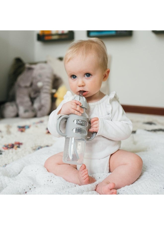 Dr. Brown's Milestones™ Narrow Sippy Straw Bottle with 100% Silicone Handles, 8oz/250mL, Gray & Blue, 2 Pack, 6m+