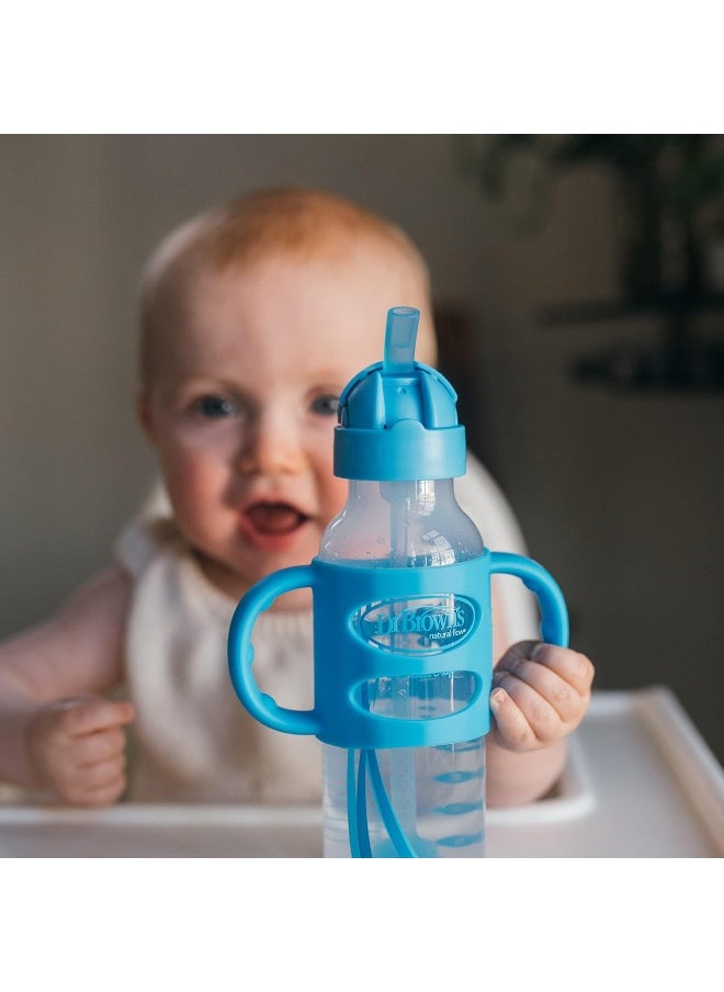 Dr. Brown's Milestones™ Narrow Sippy Straw Bottle with 100% Silicone Handles, 8oz/250mL, Gray & Blue, 2 Pack, 6m+