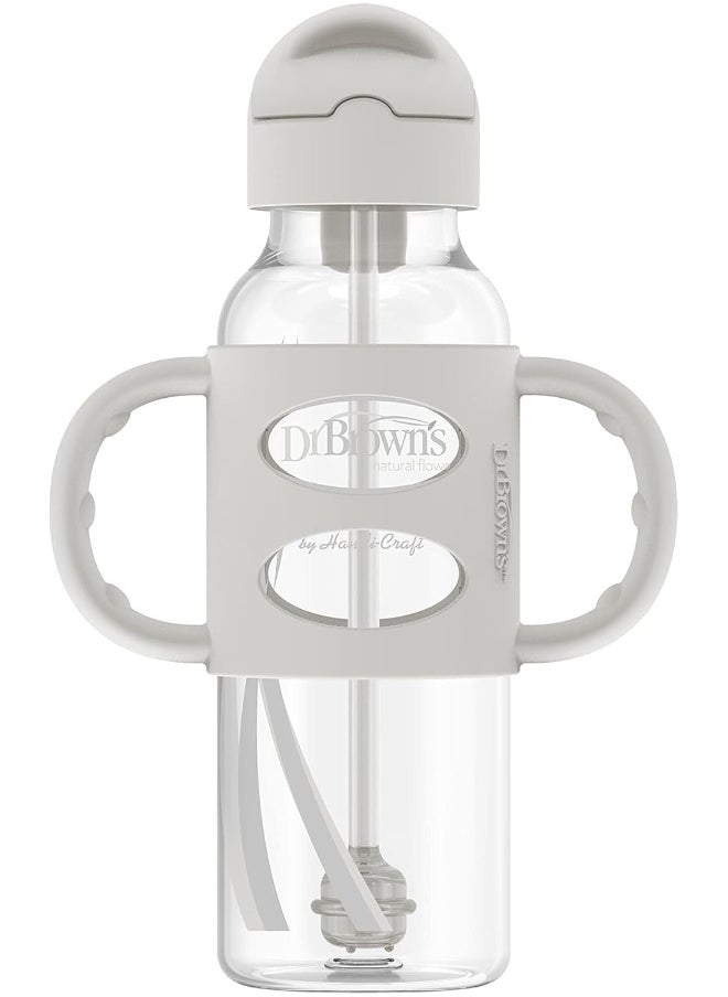 Dr. Brown's Milestones™ Narrow Sippy Straw Bottle with 100% Silicone Handles, 8oz/250mL, Gray & Blue, 2 Pack, 6m+
