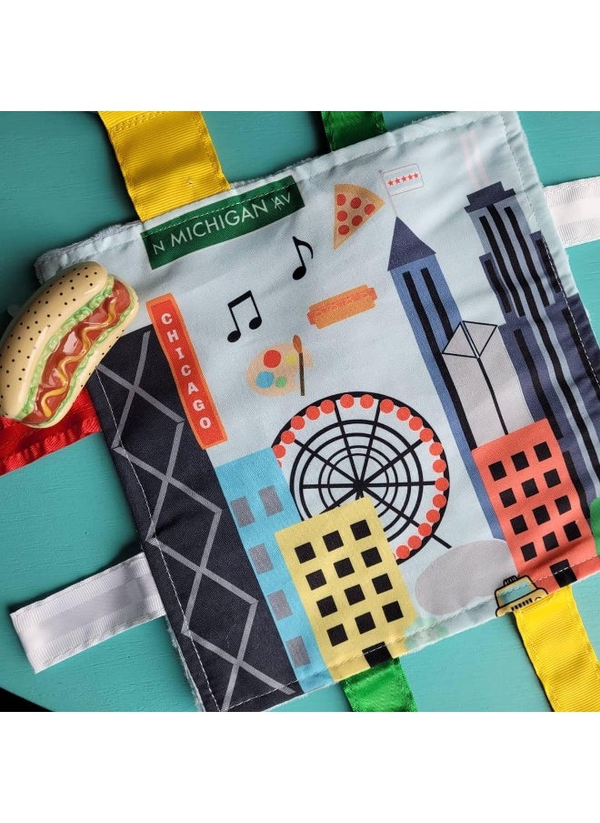 Chicago Baby Toy Crinkle & Teething Tag Square for Tummy Time Strollers 8x8 inch