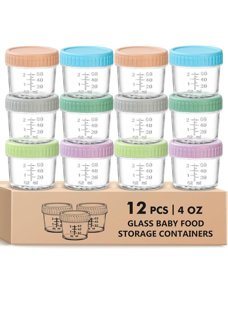 3Clock 12 Pack Glass Baby Food Storage Containers - 4 Oz Baby Food Jars with Lids Baby Food Maker Microwave Dishwasher Freezer Safe 100% Leak Proof BPA Free Reusable (12, 4OZ)