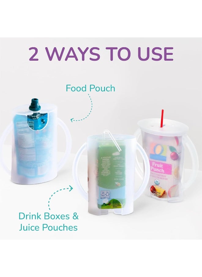 2-in-1 Food Pouch and Juice Box Holder, US Made Squeeze-Proof 2-Pack (Purple)