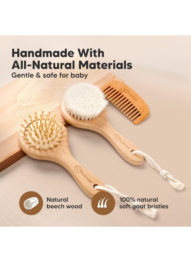 Baby Hair Brush and Comb Set for Newborn - Wooden Baby Hair Brush Set with Soft Goat Bristle, Baby Brush Set for Newborns, Baby Brush and Comb Set Girl, Boy, Toddler Cradle Cap Brush