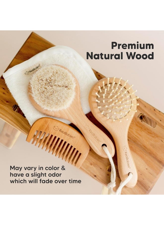 Baby Hair Brush and Comb Set for Newborn - Wooden Baby Hair Brush Set with Soft Goat Bristle, Baby Brush Set for Newborns, Baby Brush and Comb Set Girl, Boy, Toddler Cradle Cap Brush