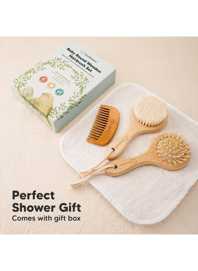 Baby Hair Brush and Comb Set for Newborn - Wooden Baby Hair Brush Set with Soft Goat Bristle, Baby Brush Set for Newborns, Baby Brush and Comb Set Girl, Boy, Toddler Cradle Cap Brush